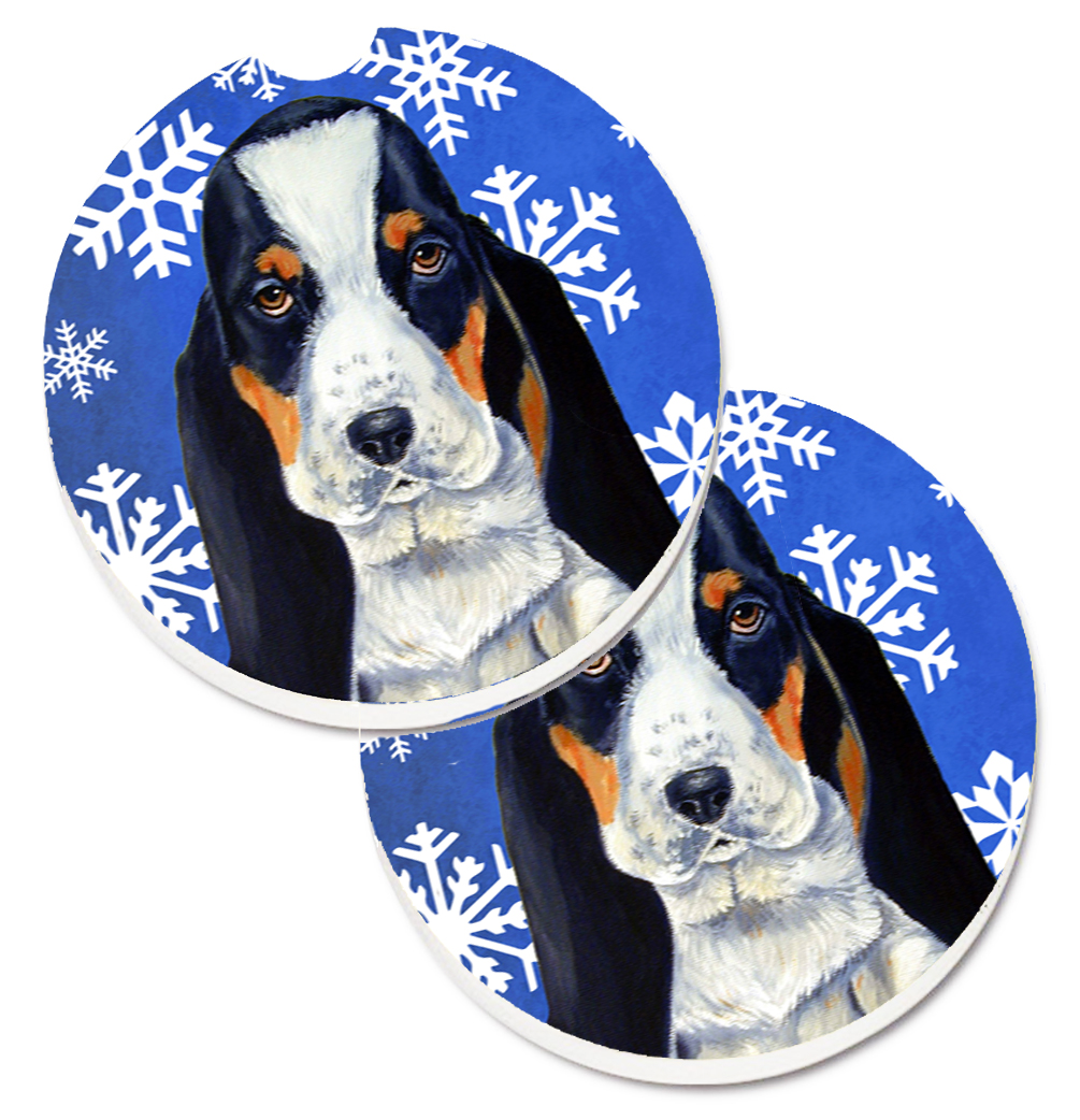 LH9284CARC Basset Hound Winter Snowflakes Holiday Set of 2 Cup Holder Car Coaster