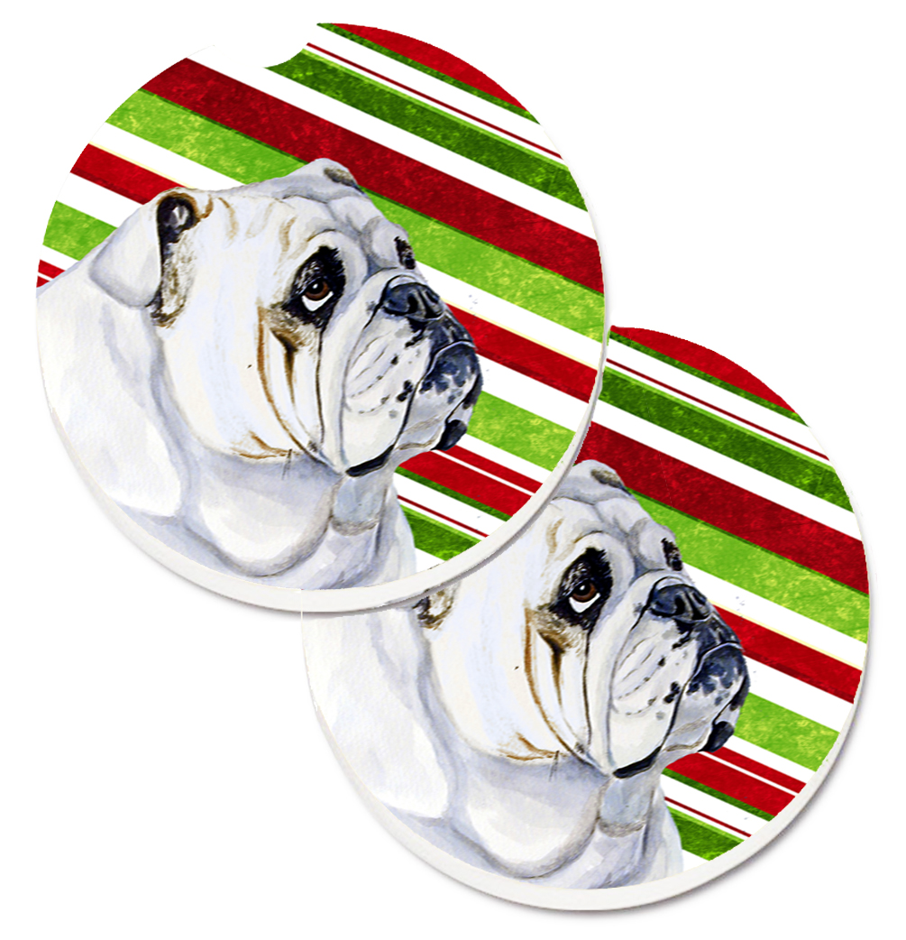 LH9229CARC Bulldog English Candy Cane Holiday Christmas Set of 2 Cup Holder Car Coaster
