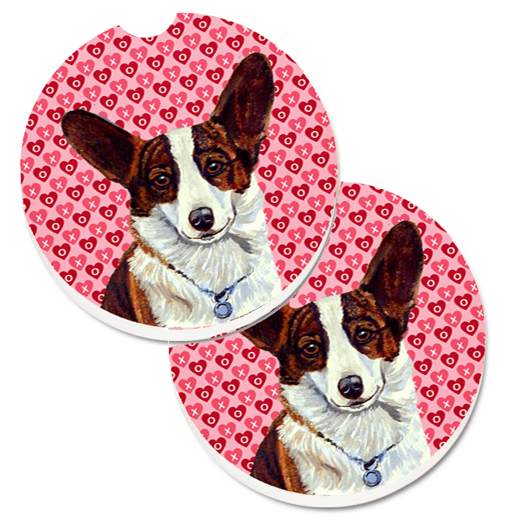 Corgi Hearts Love & Valentines Day Portrait Set of 2 Cup Holder Car Coaster