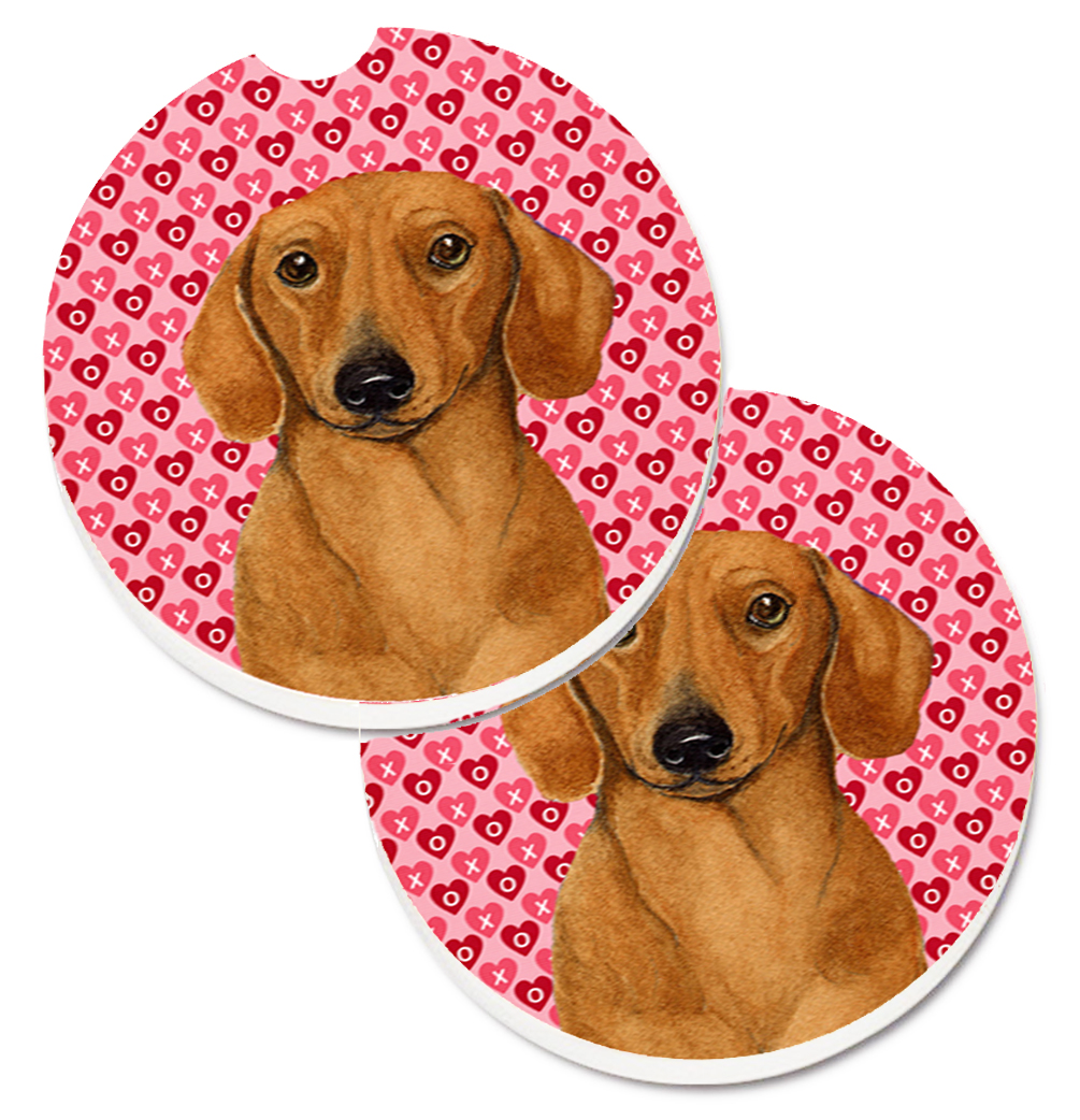 Dachshund Hearts Love & Valentines Day Portrait Set of 2 Cup Holder Car Coaster