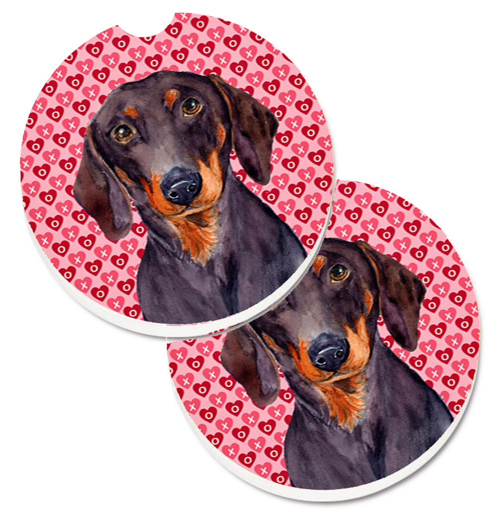 Dachshund Hearts Love & Valentines Day Portrait Set of 2 Cup Holder Car Coaster