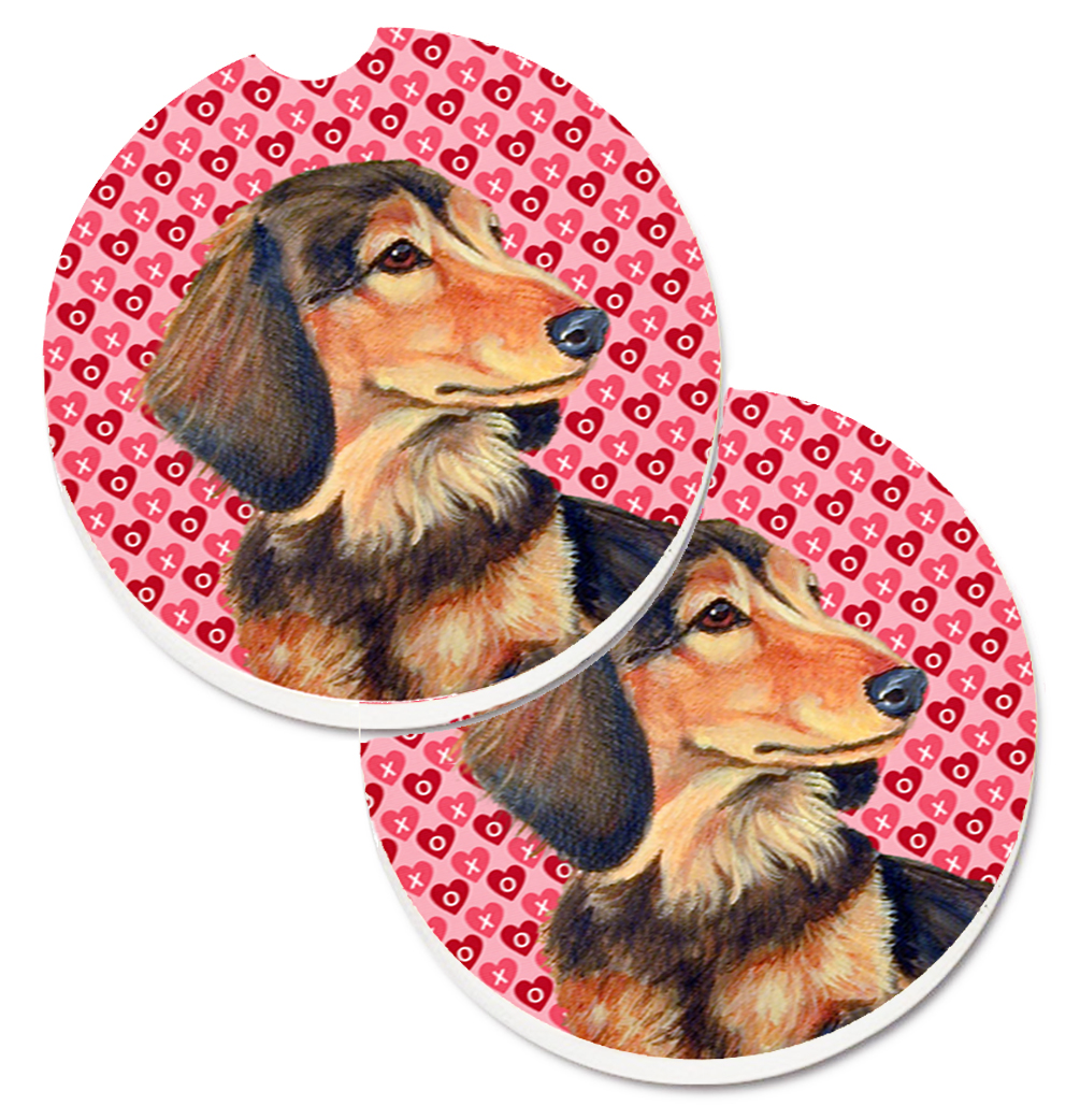 Dachshund Hearts Love & Valentines Day Portrait Set of 2 Cup Holder Car Coaster