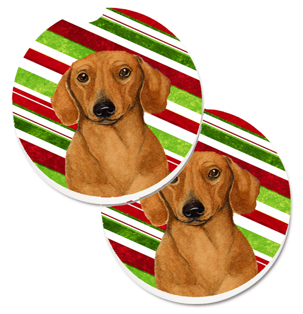 LH9222CARC Dachshund Candy Cane Holiday Christmas Set of 2 Cup Holder Car Coaster