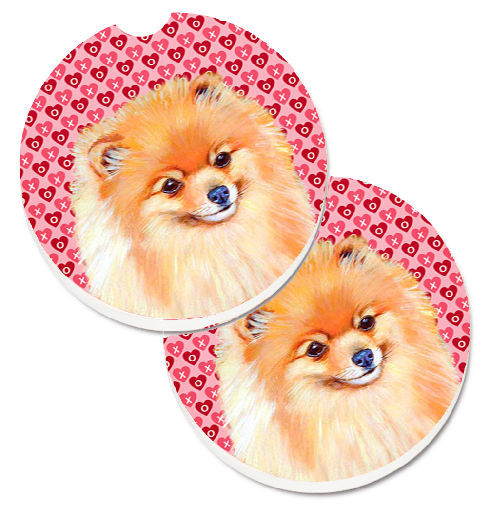 Pomeranian Hearts Love & Valentines Day Portrait Set of 2 Cup Holder Car Coaster