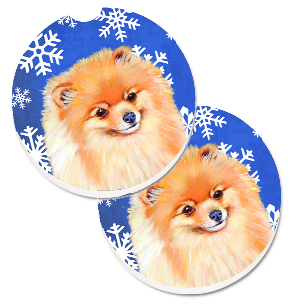 LH9305CARC Pomeranian Winter Snowflakes Holiday Set of 2 Cup Holder Car Coaster