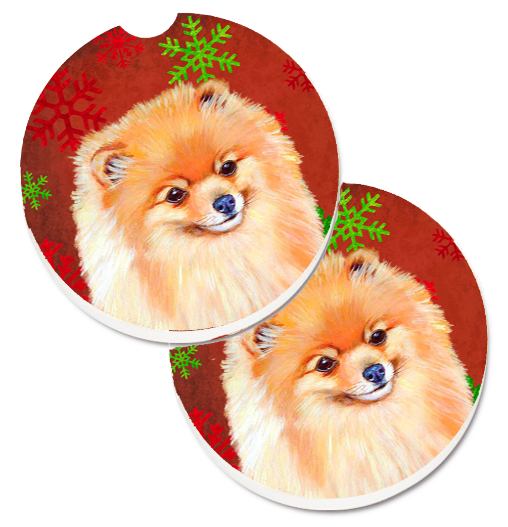 LH9350CARC Pomeranian Red & Green Snowflakes Holiday Christmas Set of 2 Cup Holder Car Coaster