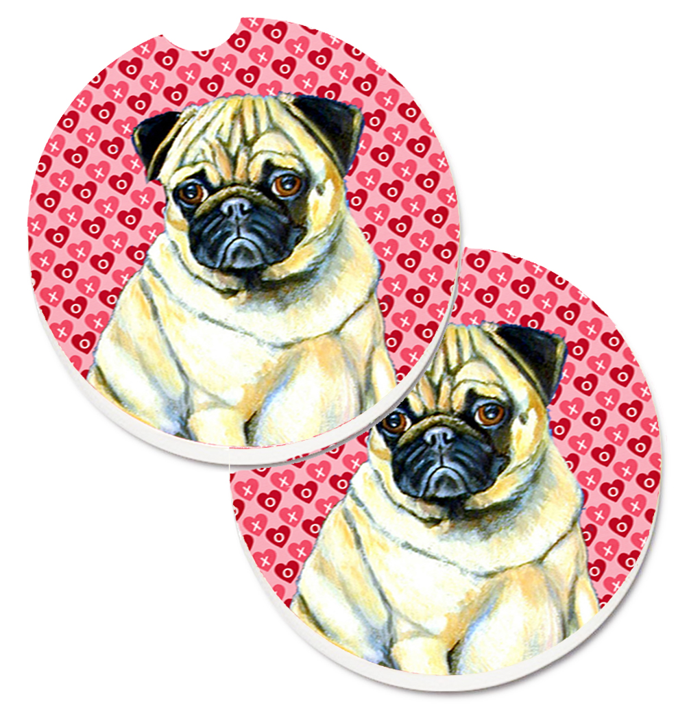 LH9162CARC Pug Hearts Love & Valentines Day Portrait Set of 2 Cup Holder Car Coaster