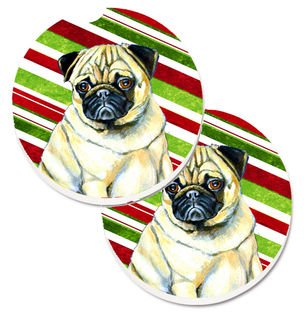 LH9252CARC Pug Candy Cane Holiday Christmas Set of 2 Cup Holder Car Coaster