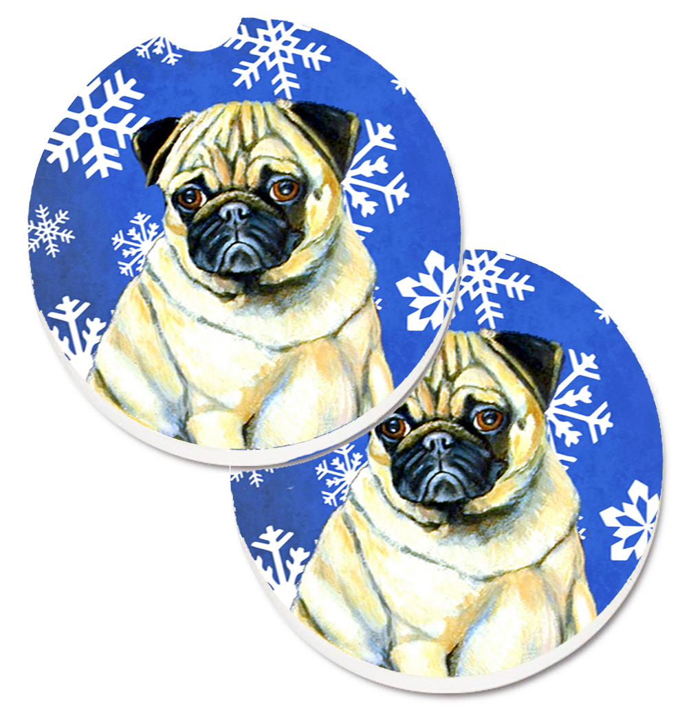 LH9297CARC Pug Winter Snowflakes Holiday Set of 2 Cup Holder Car Coaster