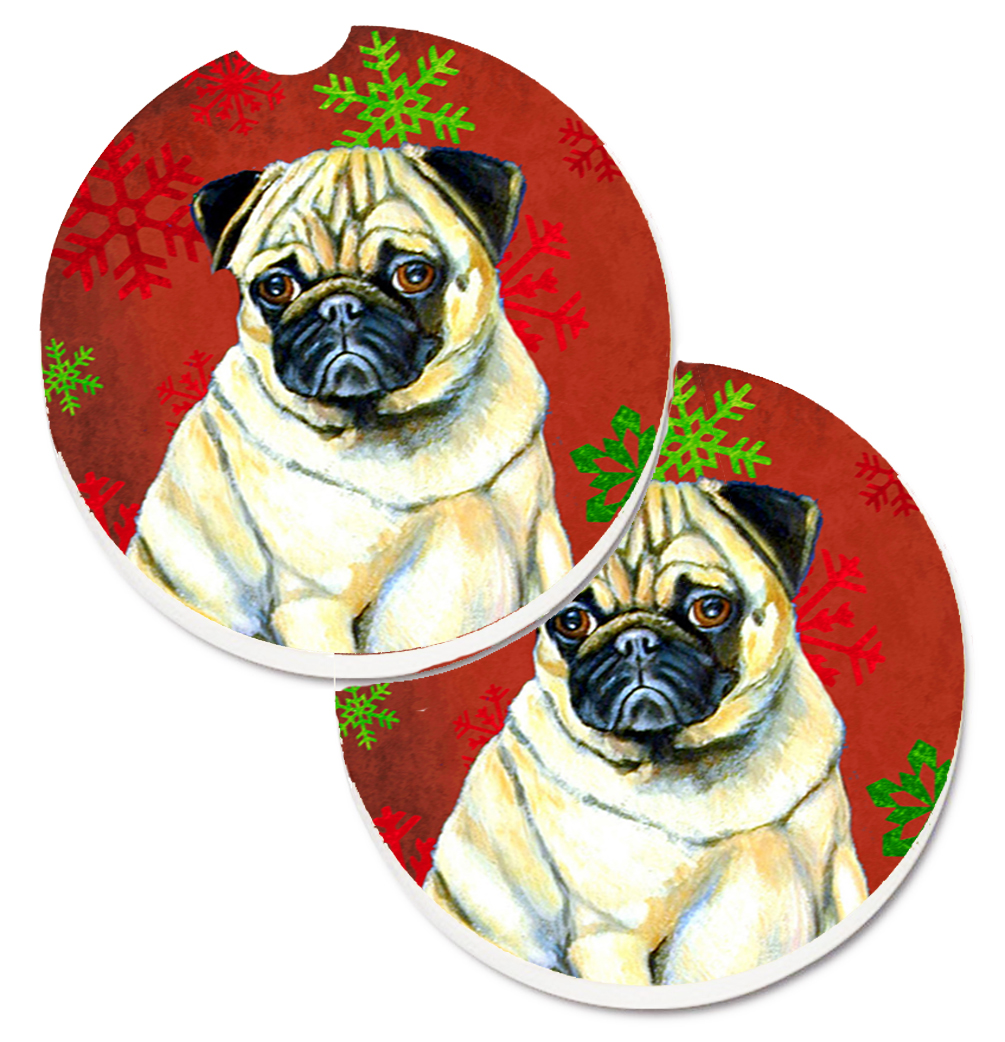 LH9342CARC Pug Red & Green Snowflakes Holiday Christmas Set of 2 Cup Holder Car Coaster
