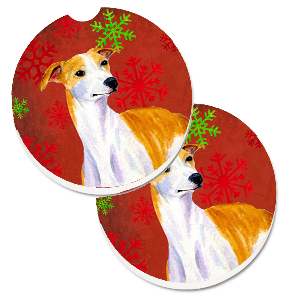 LH9328CARC Whippet Red & Green Snowflakes Holiday Christmas Set of 2 Cup Holder Car Coaster