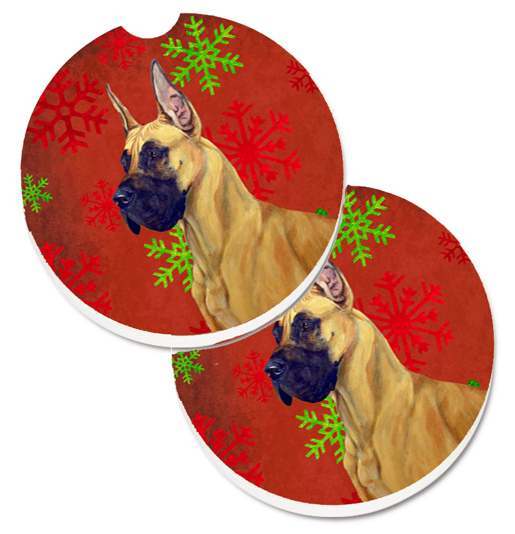 LH9310CARC Great Dane Red & Green Snowflakes Holiday Christmas Set of 2 Cup Holder Car Coaster