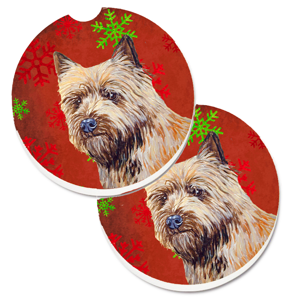 LH9320CARC Cairn Terrier Red & Green Snowflakes Holiday Christmas Set of 2 Cup Holder Car Coaster