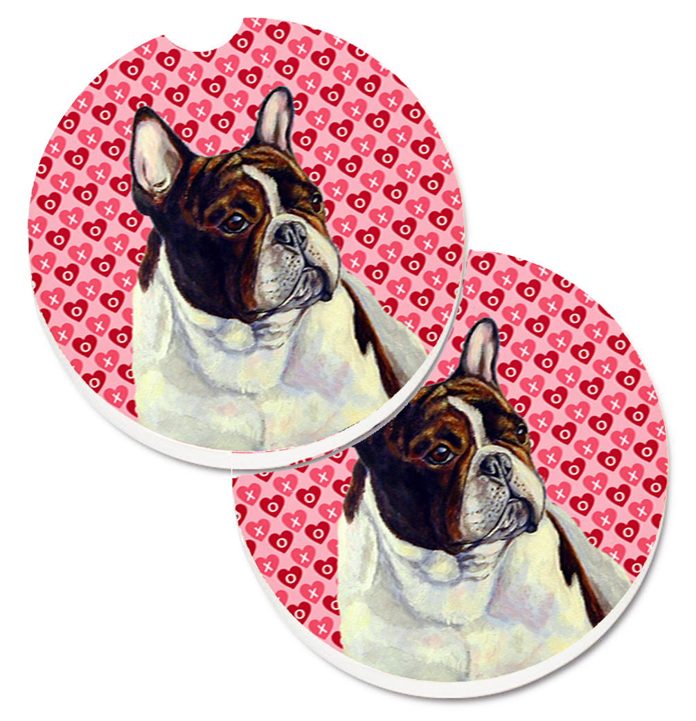 French Bulldog Hearts Love & Valentines Day Portrait Set of 2 Cup Holder Car Coaster