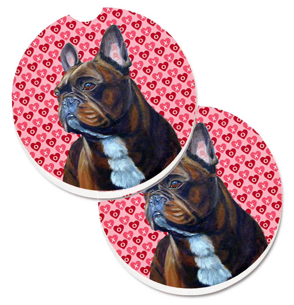 French Bulldog Hearts Love & Valentines Day Portrait Set of 2 Cup Holder Car Coaster