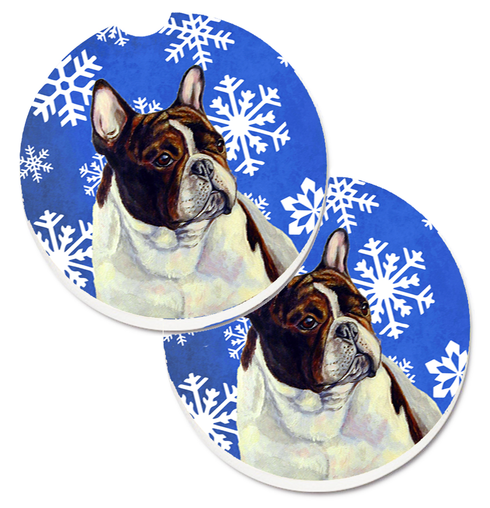 LH9292CARC French Bulldog Winter Snowflakes Holiday Set of 2 Cup Holder Car Coaster