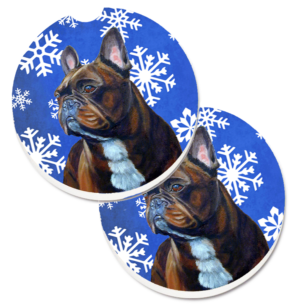 LH9295CARC French Bulldog Winter Snowflakes Holiday Set of 2 Cup Holder Car Coaster