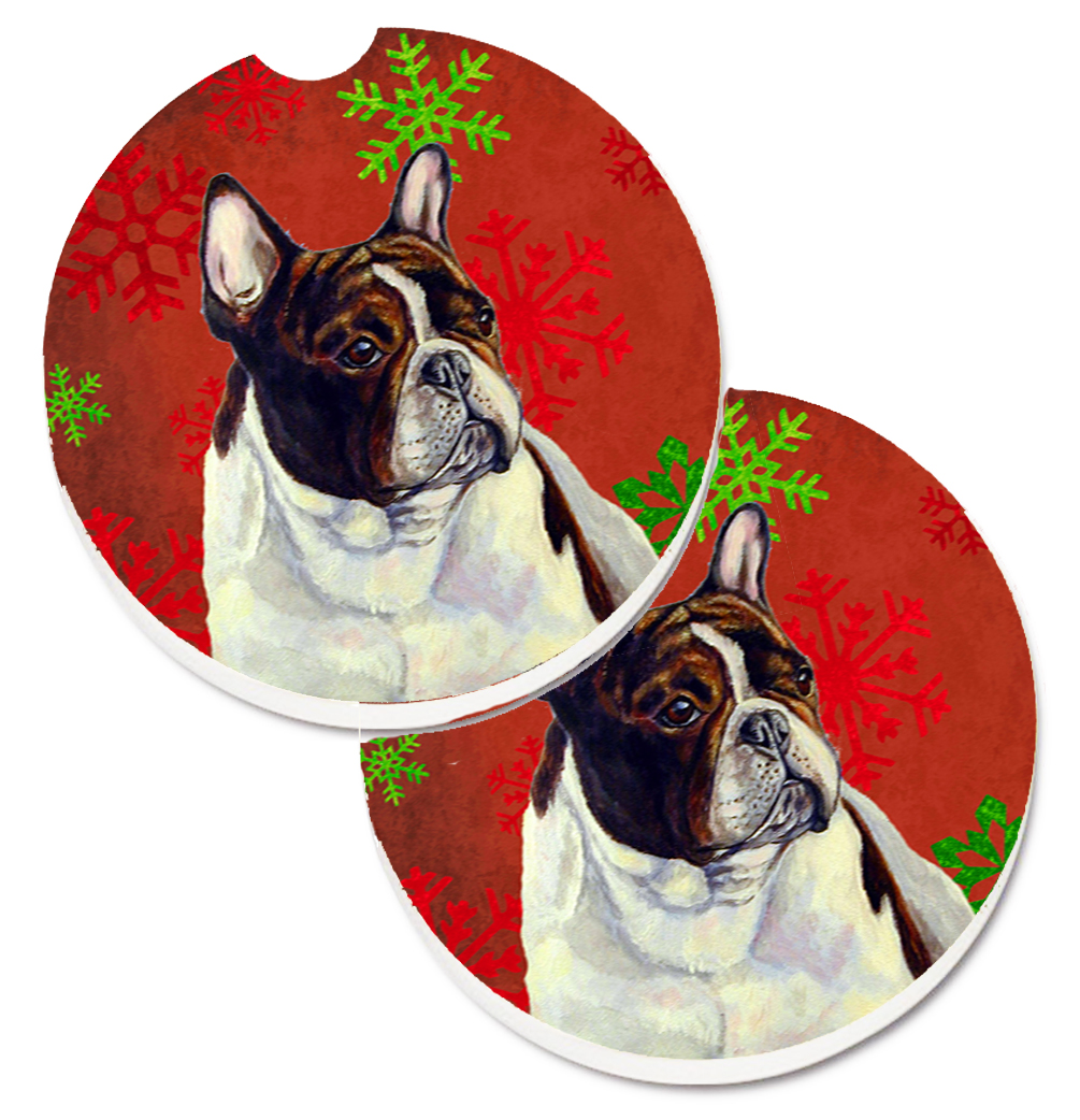 LH9337CARC French Bulldog Red & Green Snowflakes Holiday Christmas Set of 2 Cup Holder Car Coaster