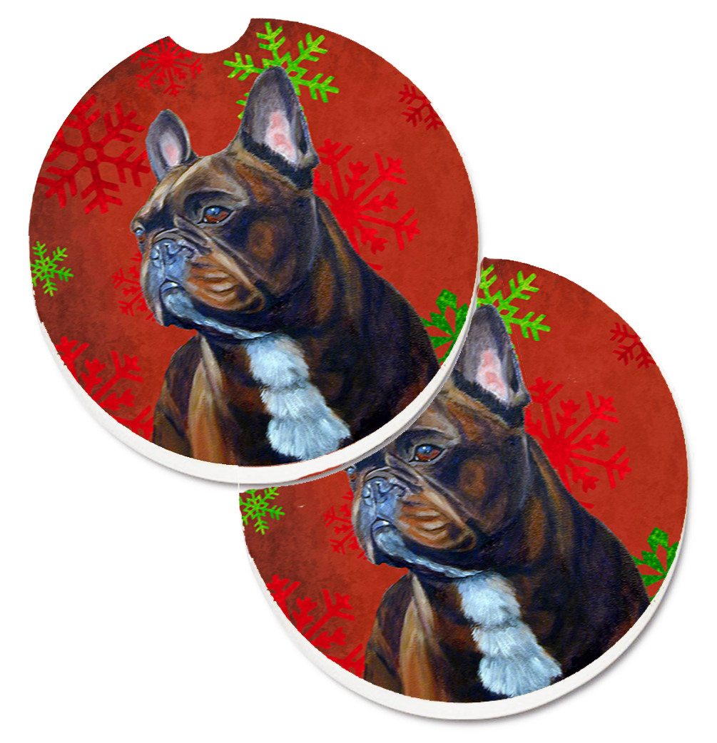 LH9340CARC French Bulldog Red & Green Snowflakes Holiday Christmas Set of 2 Cup Holder Car Coaster