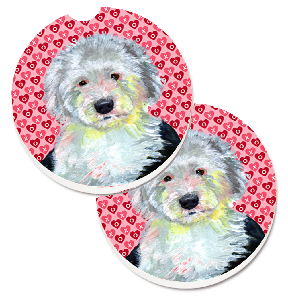 LH9171CARC Old English Sheepdog Hearts Love & Valentines Day Portrait Set of 2 Cup Holder Car Coaster
