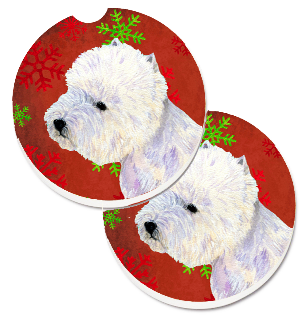 LH9315CARC Westie Red & Green Snowflakes Holiday Christmas Set of 2 Cup Holder Car Coaster