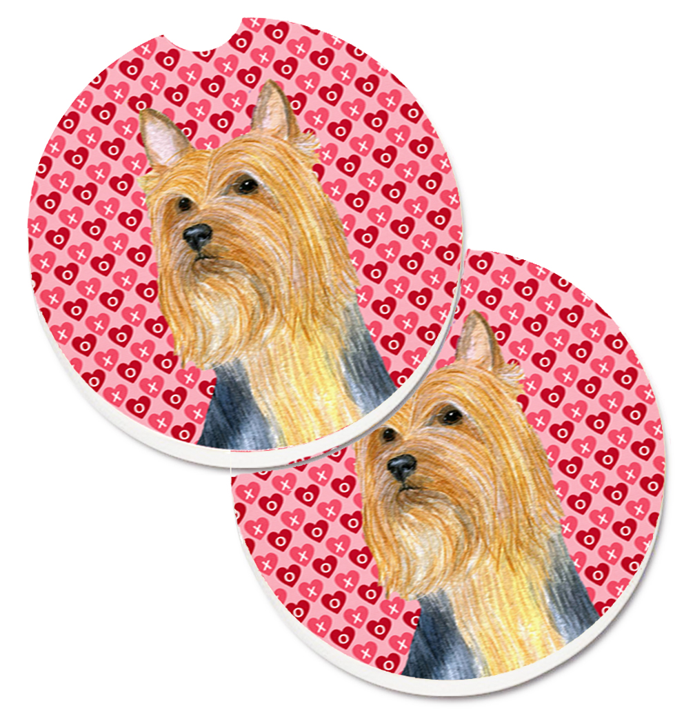 LH9136CARC Silky Terrier Hearts Love & Valentines Day Portrait Set of 2 Cup Holder Car Coaster