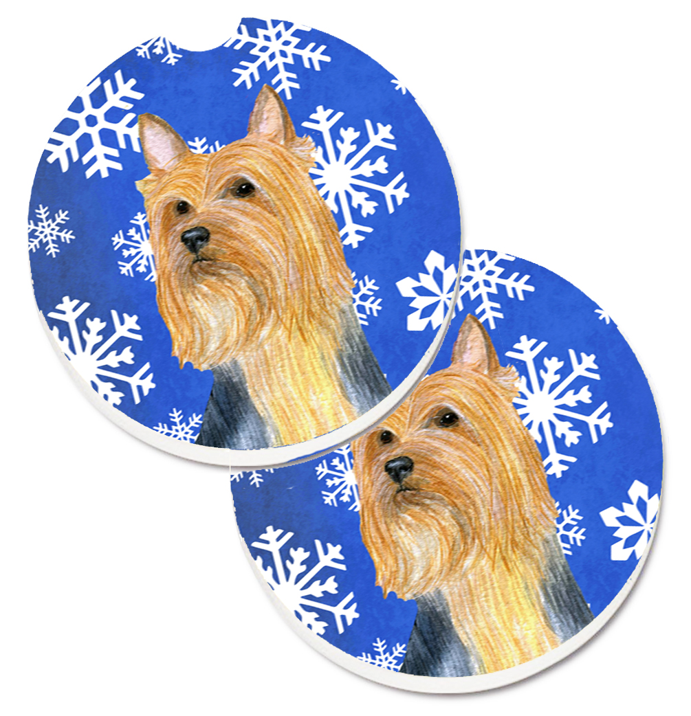 LH9271CARC Silky Terrier Winter Snowflakes Holiday Set of 2 Cup Holder Car Coaster