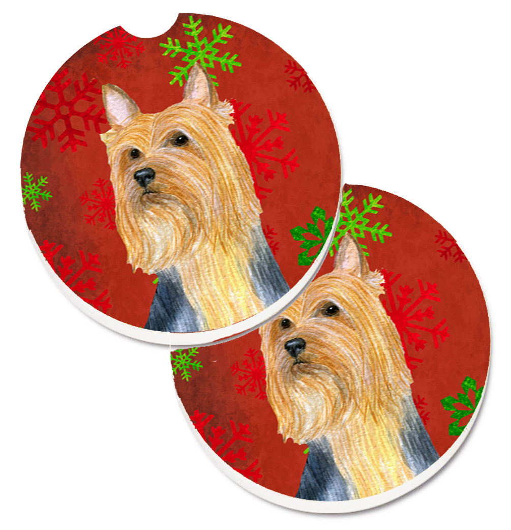 LH9316CARC Silky Terrier Red & Green Snowflake Holiday Christmas Set of 2 Cup Holder Car Coaster