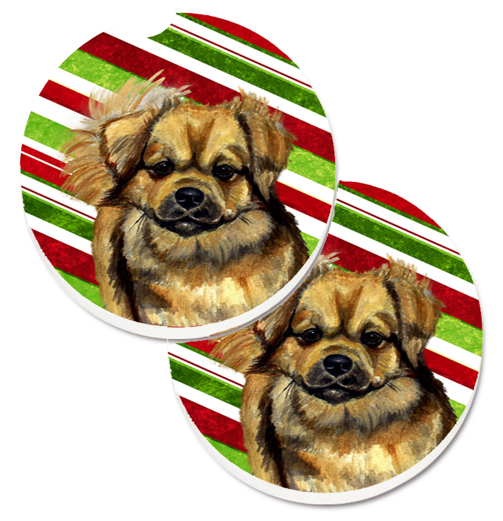 LH9259CARC Tibetan Spaniel Candy Cane Holiday Christmas Set of 2 Cup Holder Car Coaster