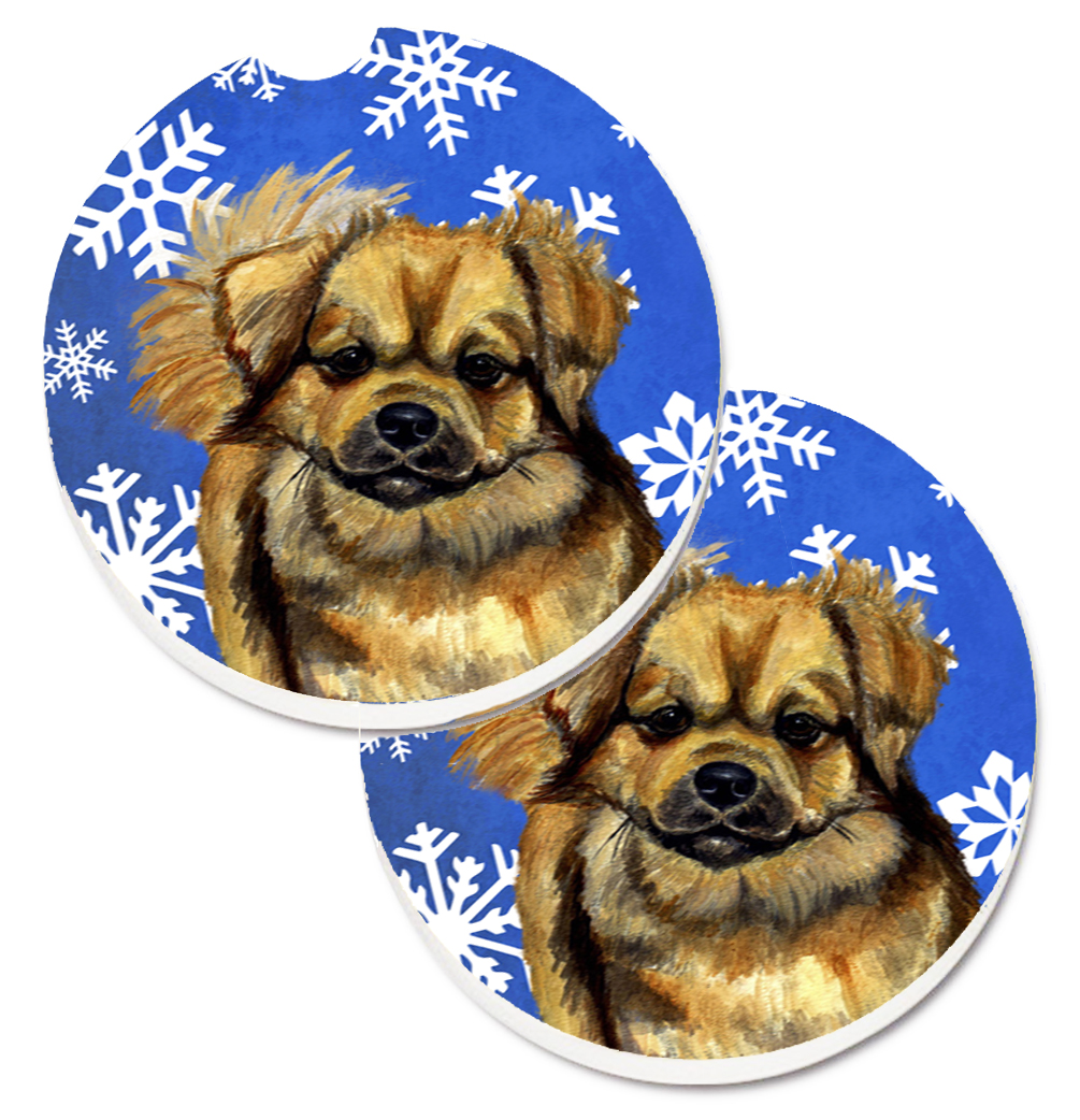 LH9304CARC Tibetan Spaniel Winter Snowflakes Holiday Set of 2 Cup Holder Car Coaster