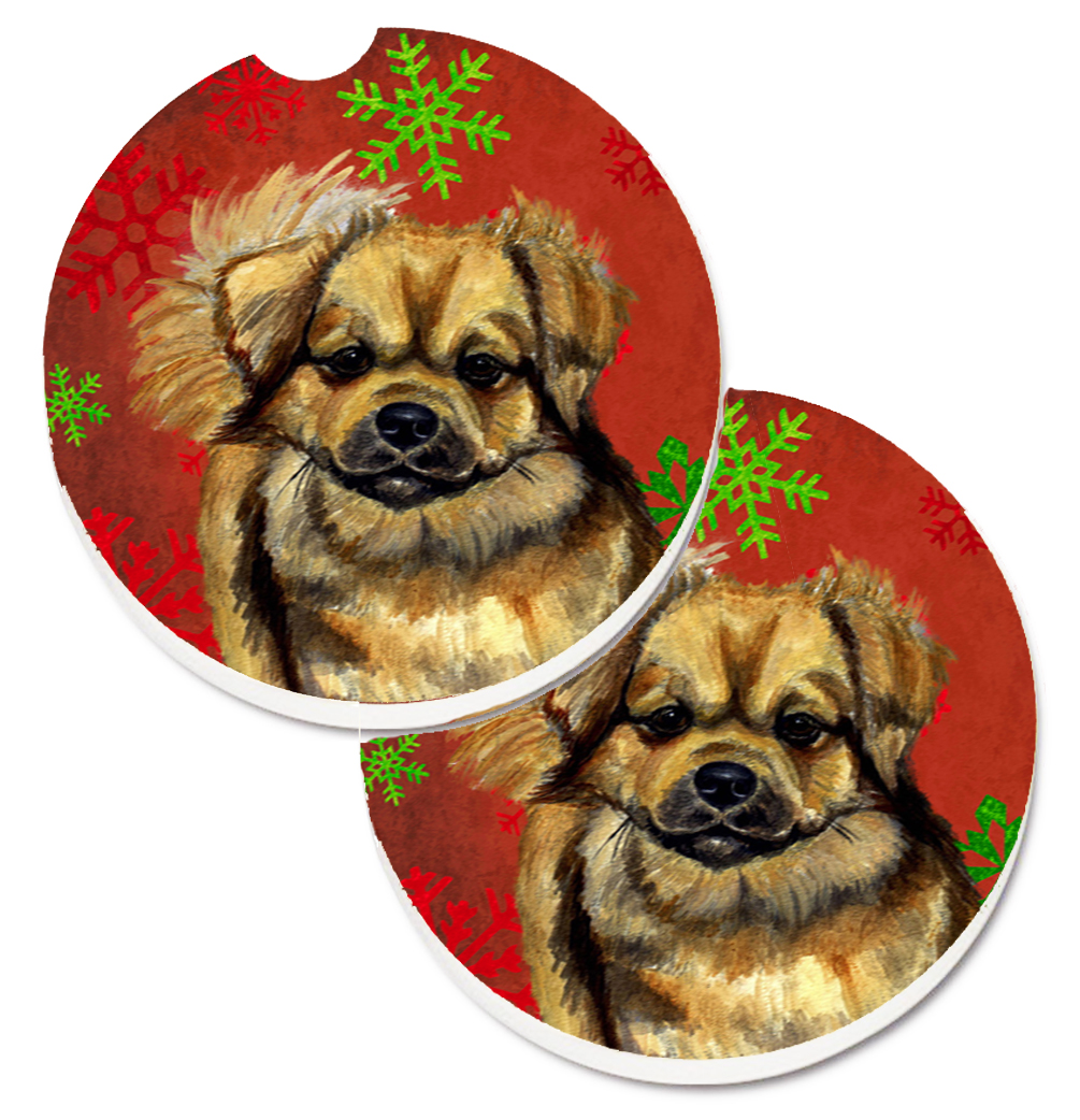 LH9349CARC Tibetan Spaniel Red & Green Snowflake Holiday Christmas Set of 2 Cup Holder Car Coaster