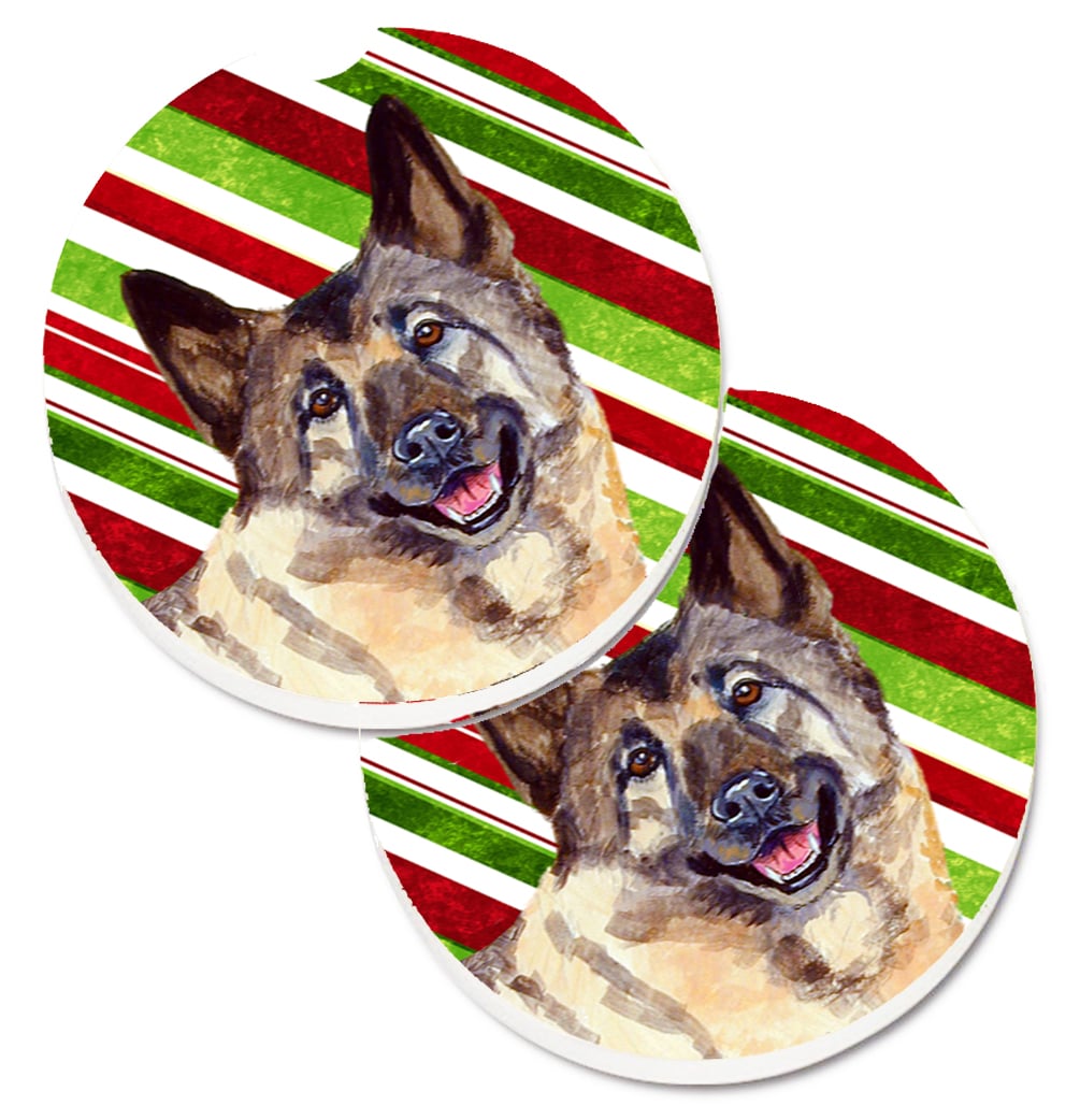 LH9263CARC Norwegian Elkhound Candy Cane Holiday Christmas Set of 2 Cup Holder Car Coaster