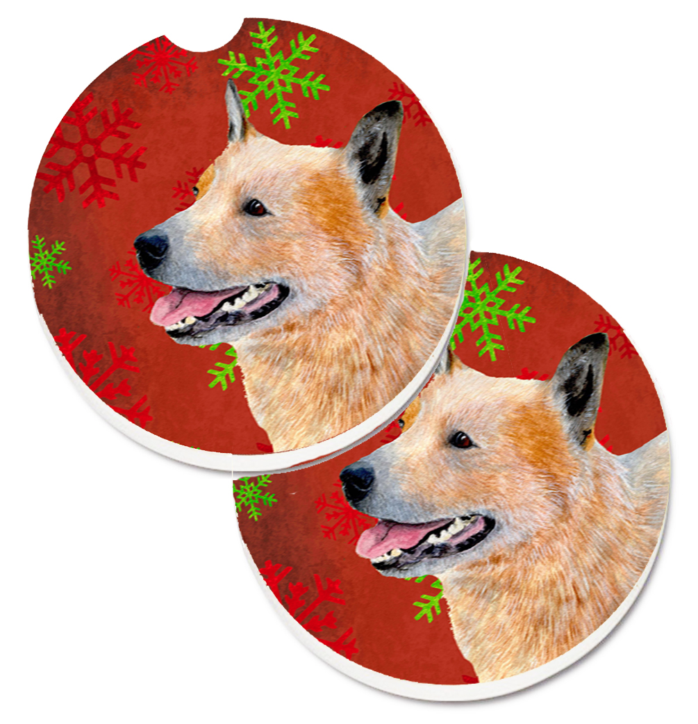 LH9317CARC Australian Cattle Dog Red & Green Snowflakes Christmas Set of 2 Cup Holder Car Coaster