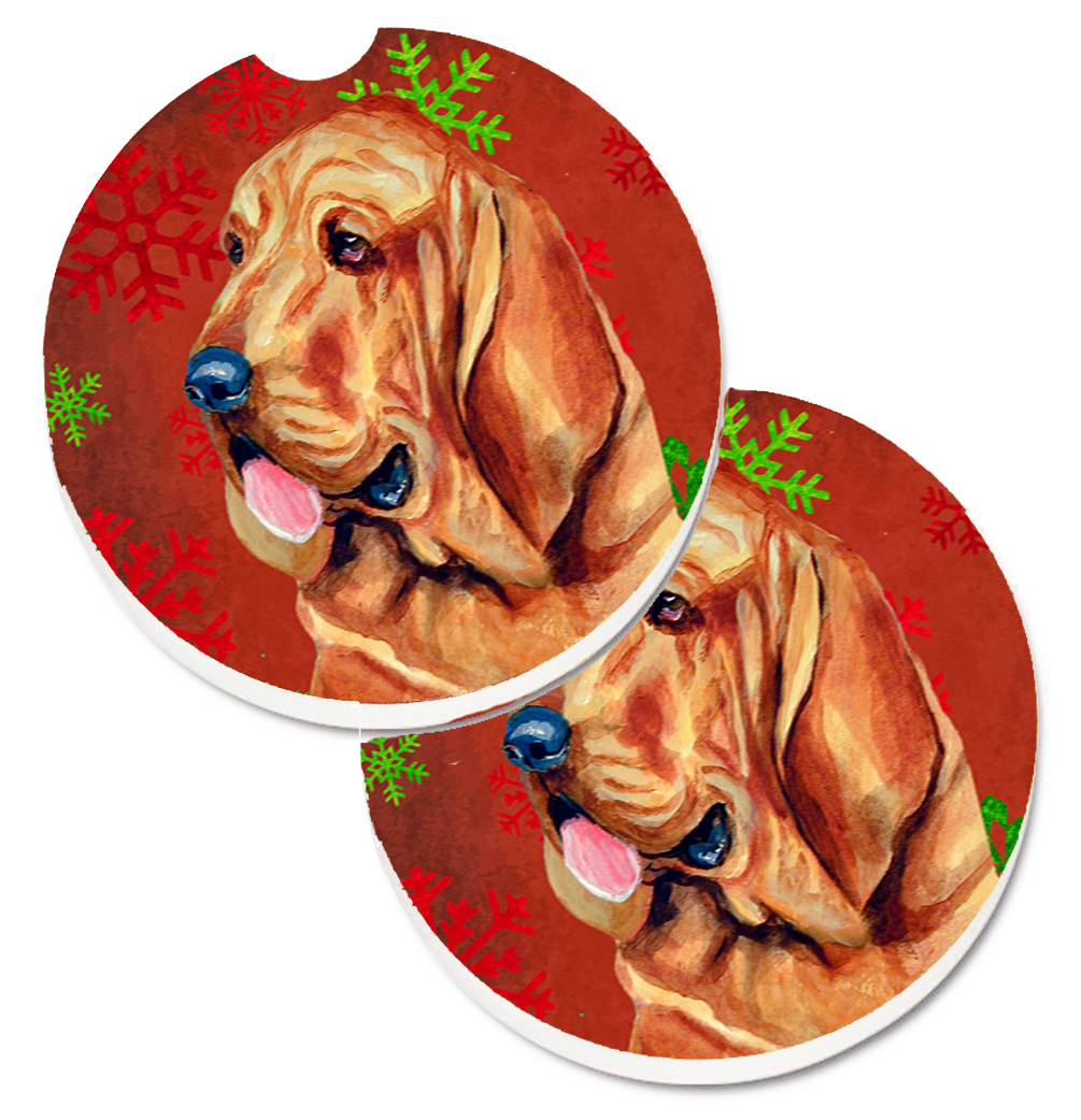 LH9331CARC Bloodhound Red & Green Snowflakes Holiday Christmas Set of 2 Cup Holder Car Coaster