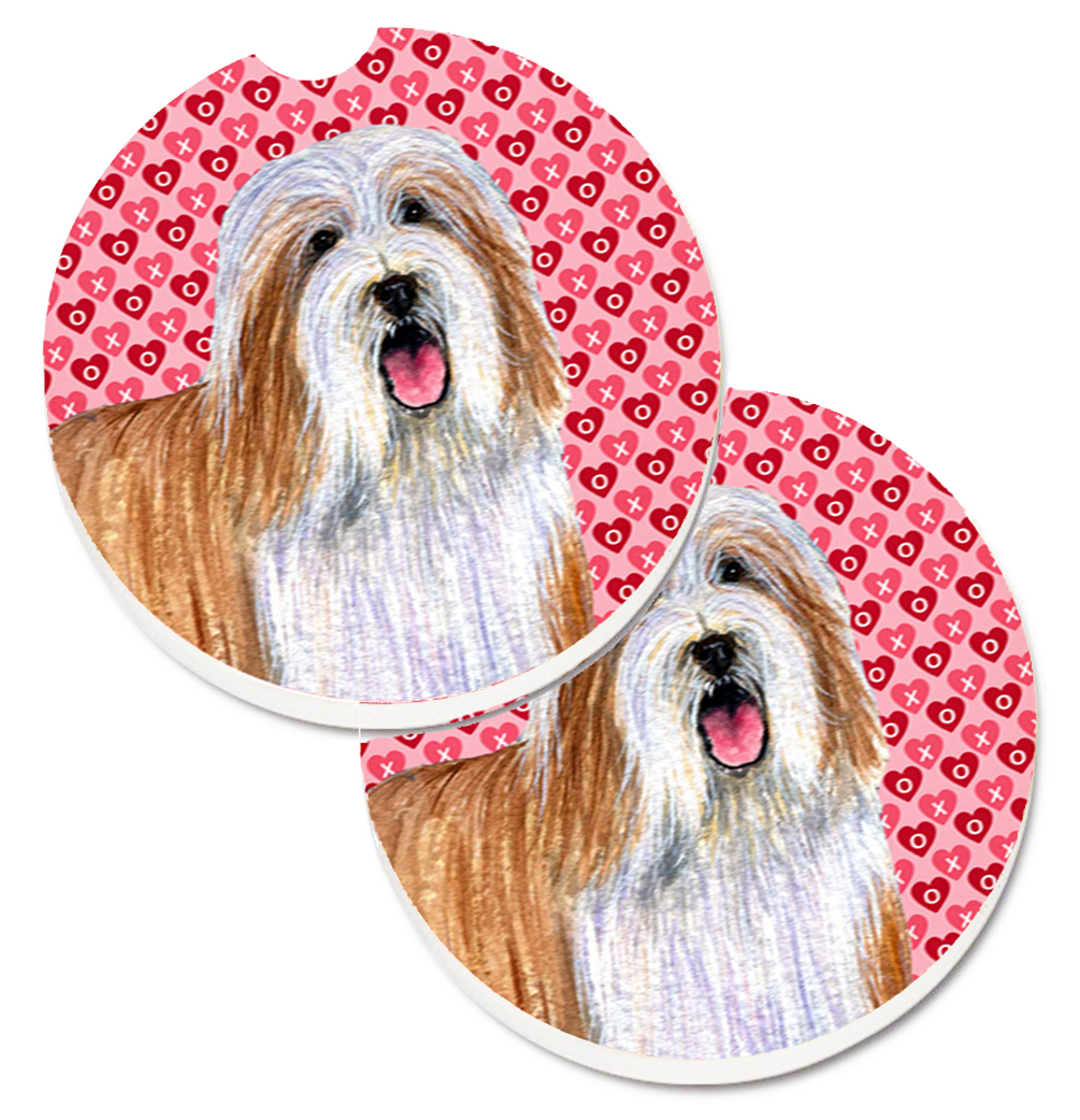 Bearded Collie Hearts Love & Valentines Day Portrait Set of 2 Cup Holder Car Coaster