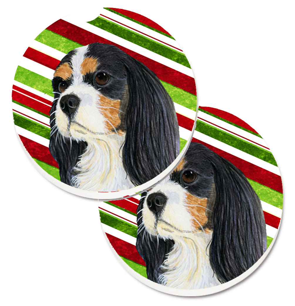 Cavalier Spaniel Candy Cane Holiday Christmas Set of 2 Cup Holder Car Coaster