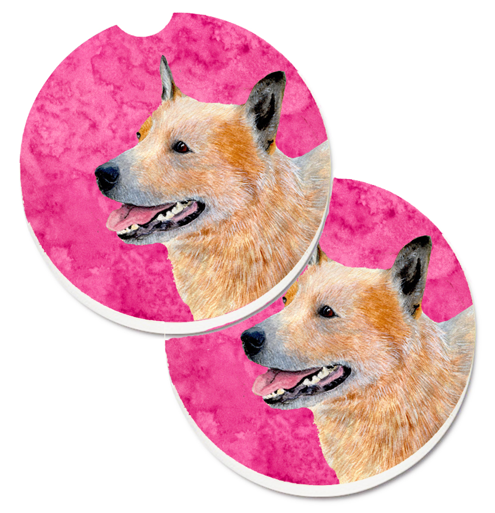 Pink Australian Cattle Dog Set of 2 Cup Holder Car Coaster