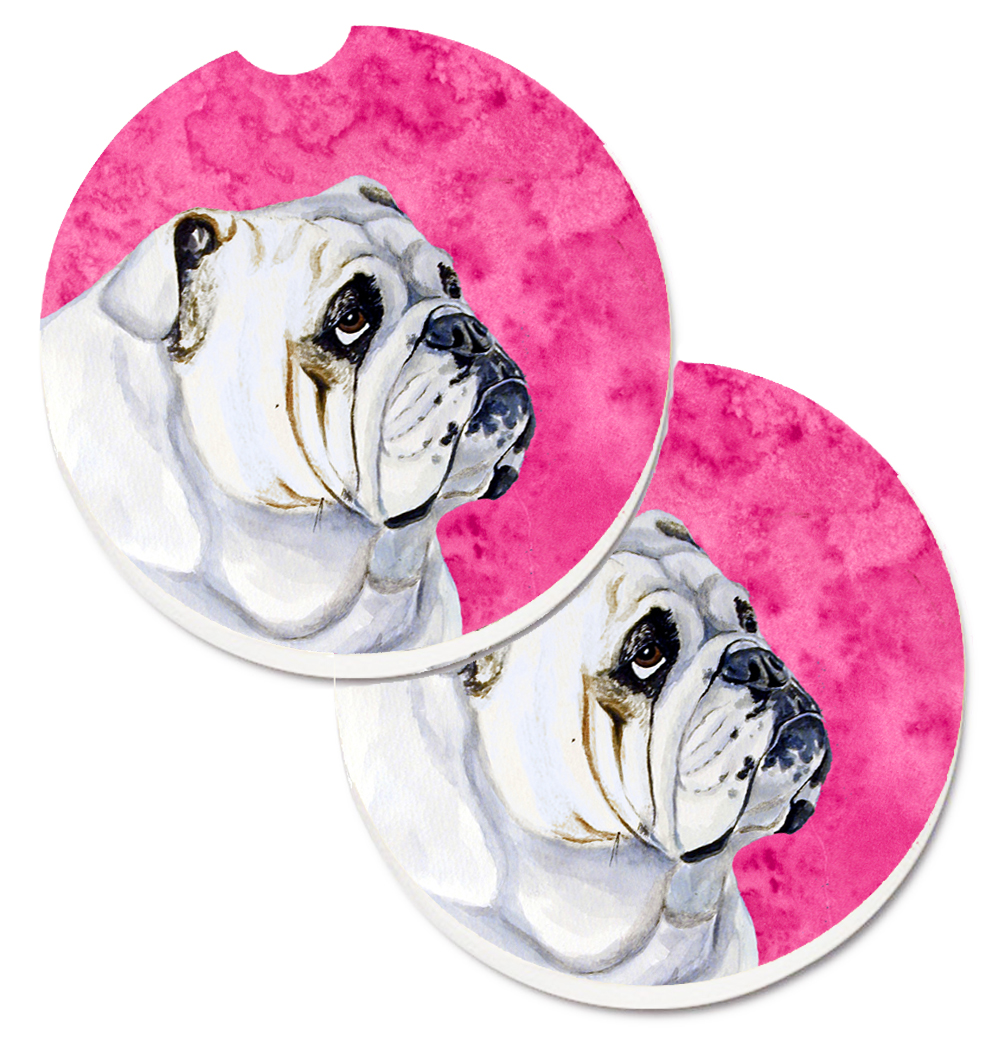 LH9364PKCARC Pink Bulldog English Set of 2 Cup Holder Car Coaster