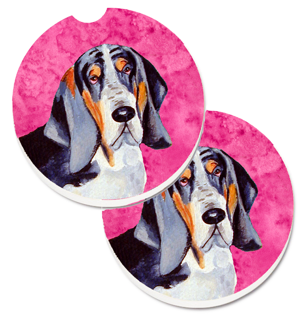 LH9372PKCARC Pink Basset Hound Set of 2 Cup Holder Car Coaster
