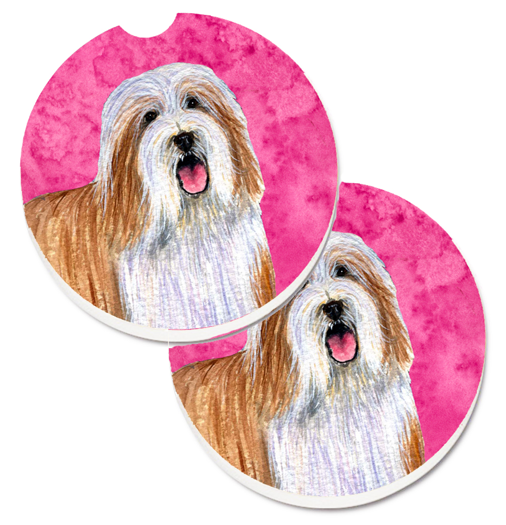 Pink Bearded Collie Set of 2 Cup Holder Car Coaster