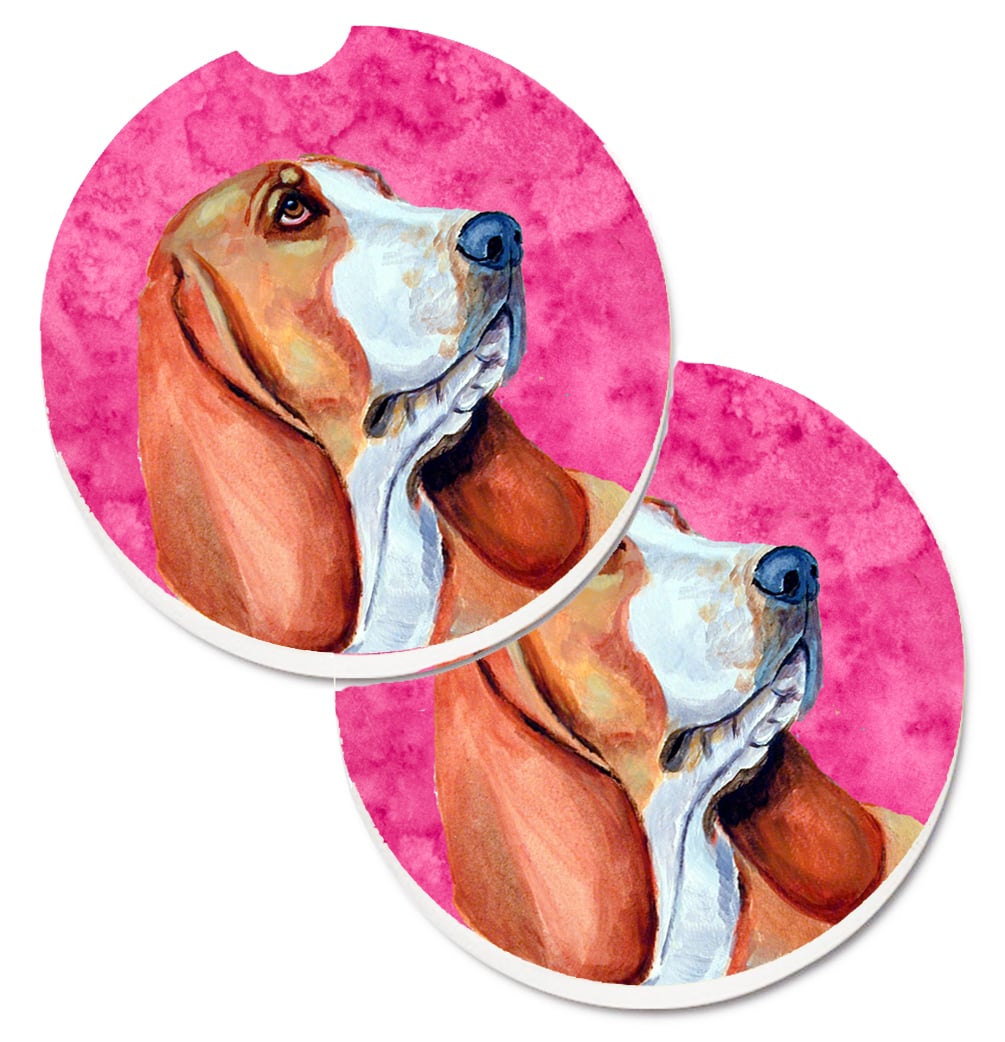 LH9377PKCARC Pink Basset Hound Set of 2 Cup Holder Car Coaster