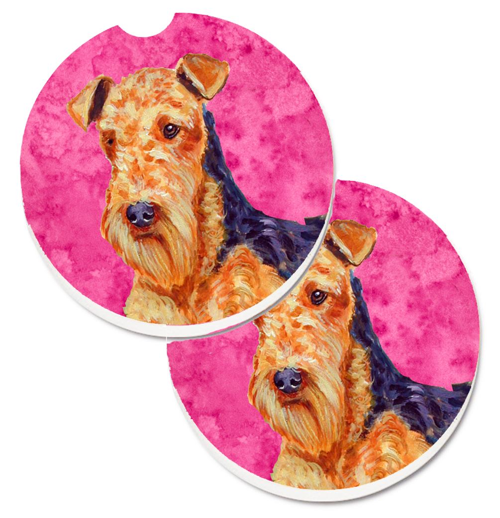 Pink Airedale Set of 2 Cup Holder Car Coaster