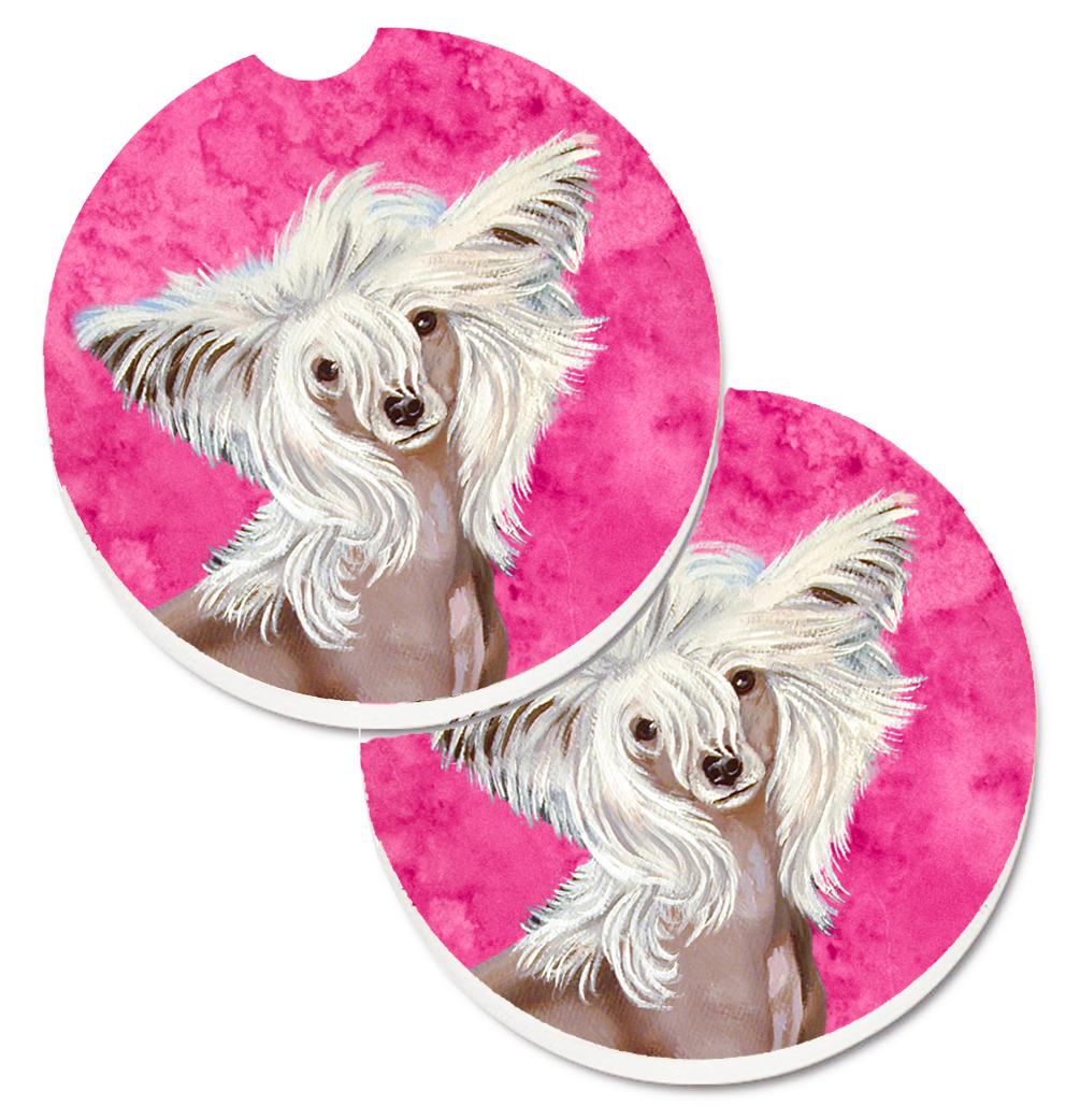 Pink Chinese Crested Set of 2 Cup Holder Car Coaster
