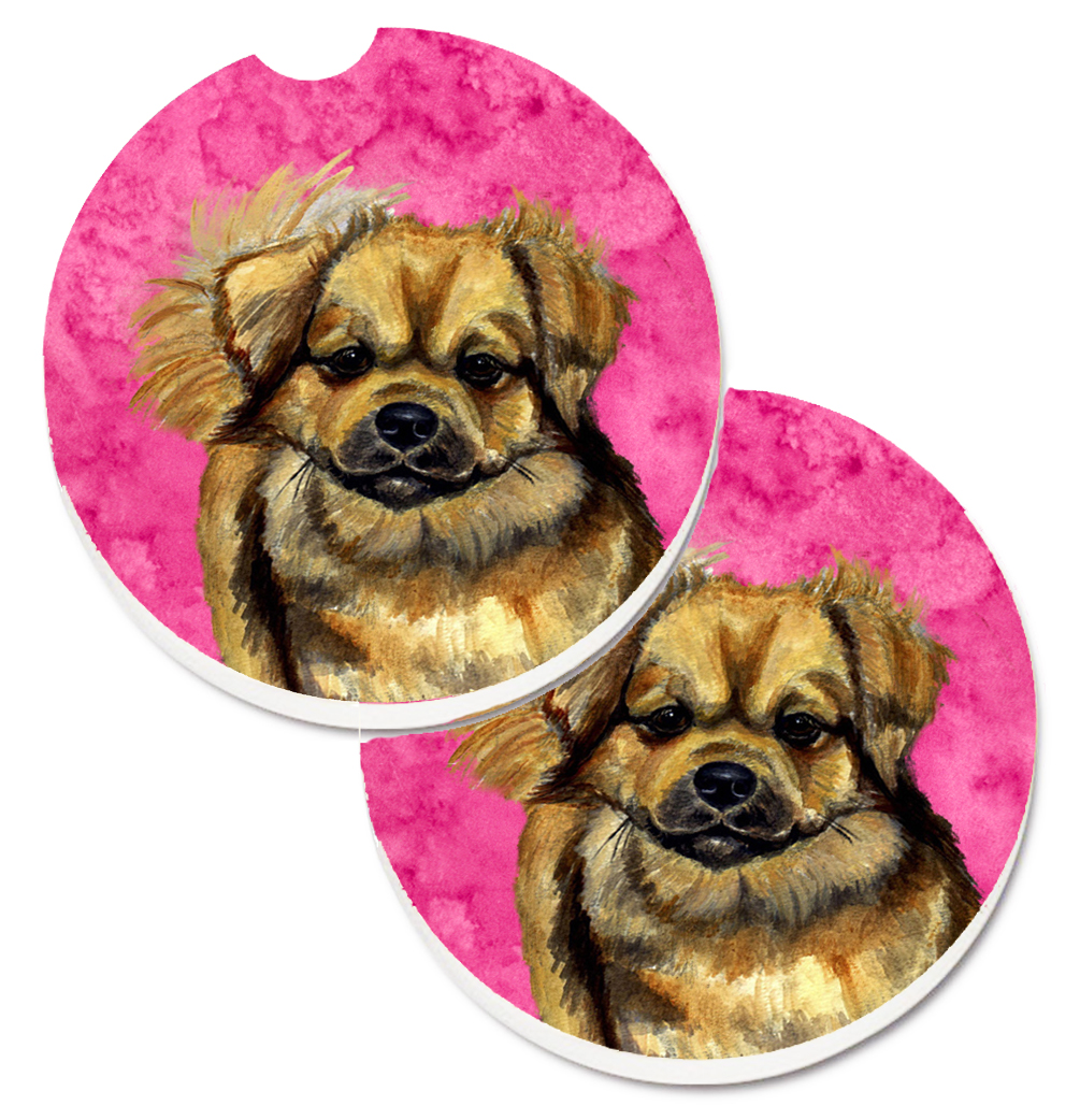 Picture of Carolines Treasures LH9394PKCARC Pink Tibetan Spaniel Set of 2 Cup Holder Car Coaster