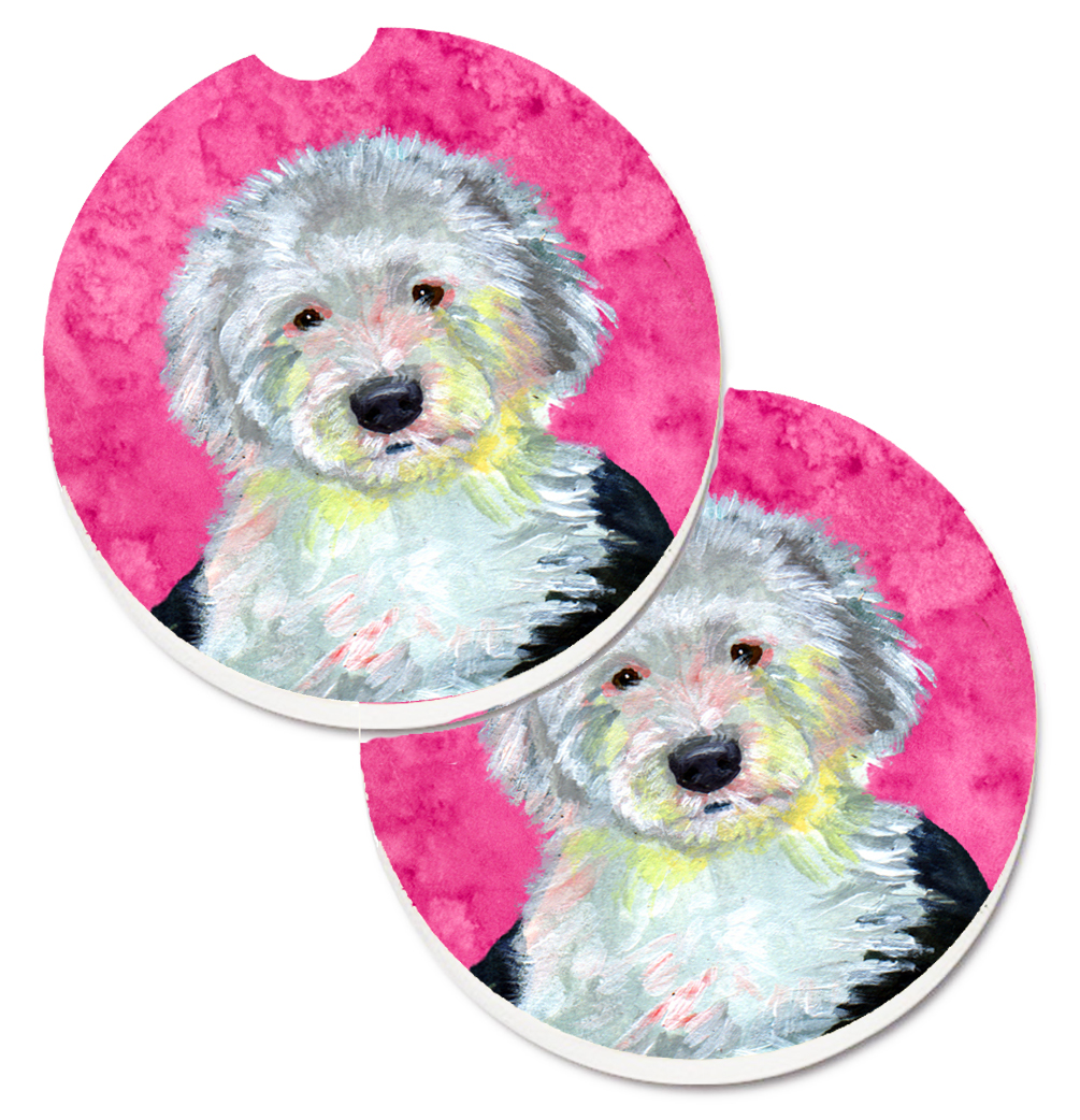 LH9396PKCARC Pink Old English Sheepdog Set of 2 Cup Holder Car Coaster