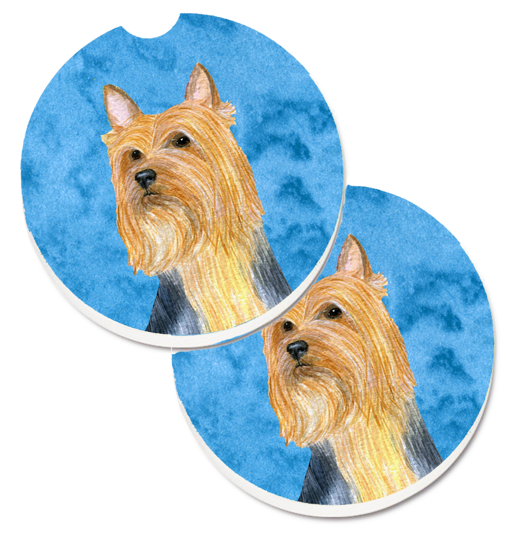 Blue Silky Terrier Set of 2 Cup Holder Car Coaster