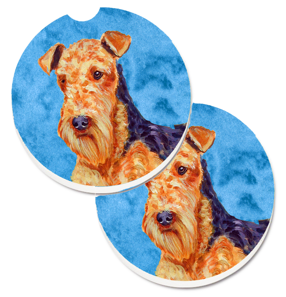 LH9381BUCARC Blue Airedale Set of 2 Cup Holder Car Coaster