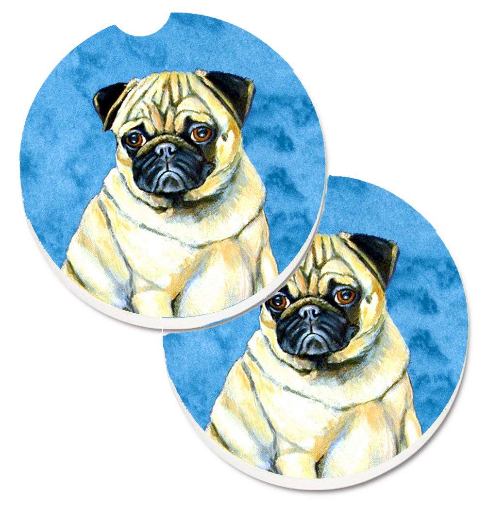 LH9387BUCARC Blue Pug Set of 2 Cup Holder Car Coaster