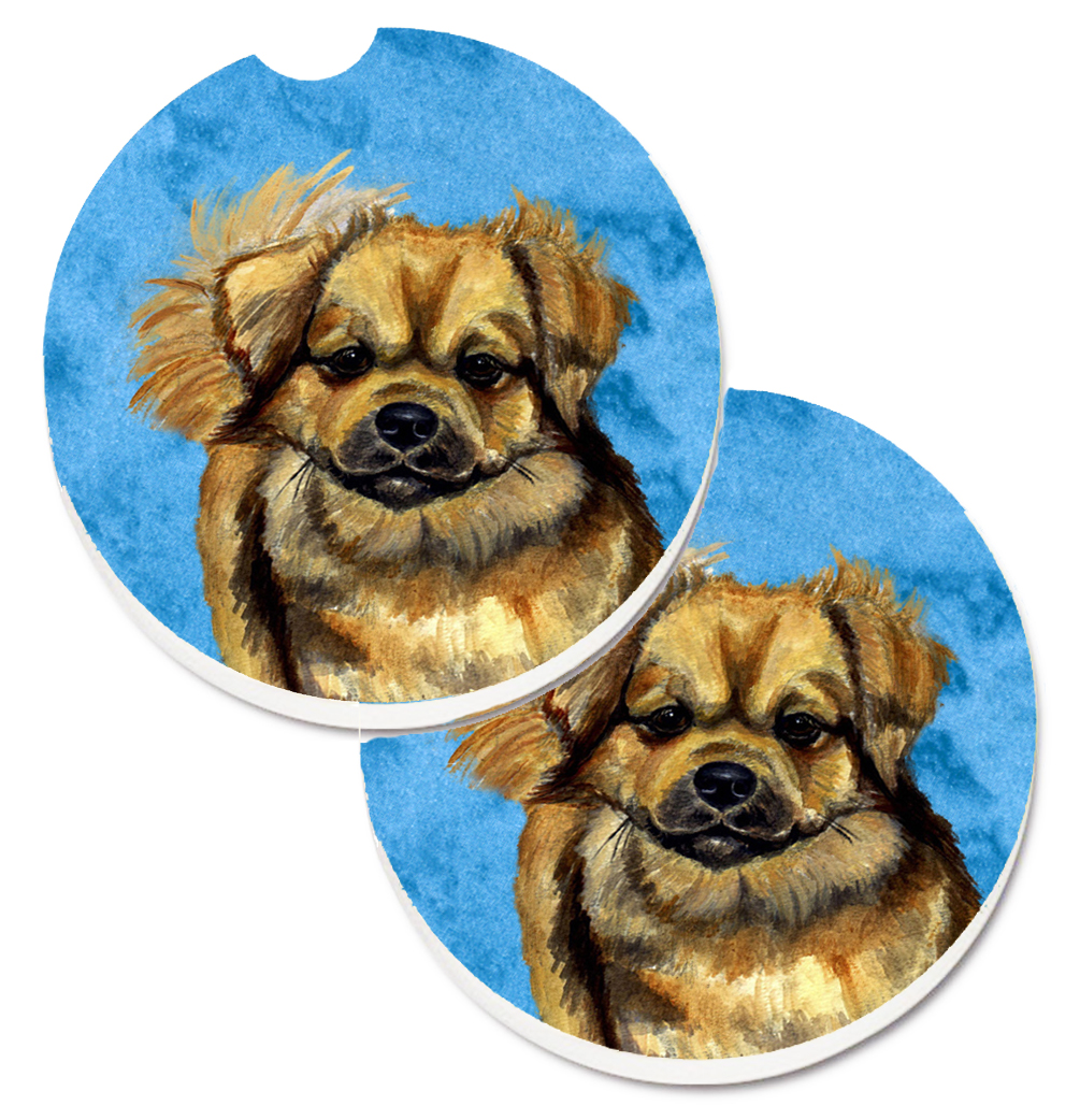Blue Tibetan Spaniel Set of 2 Cup Holder Car Coaster