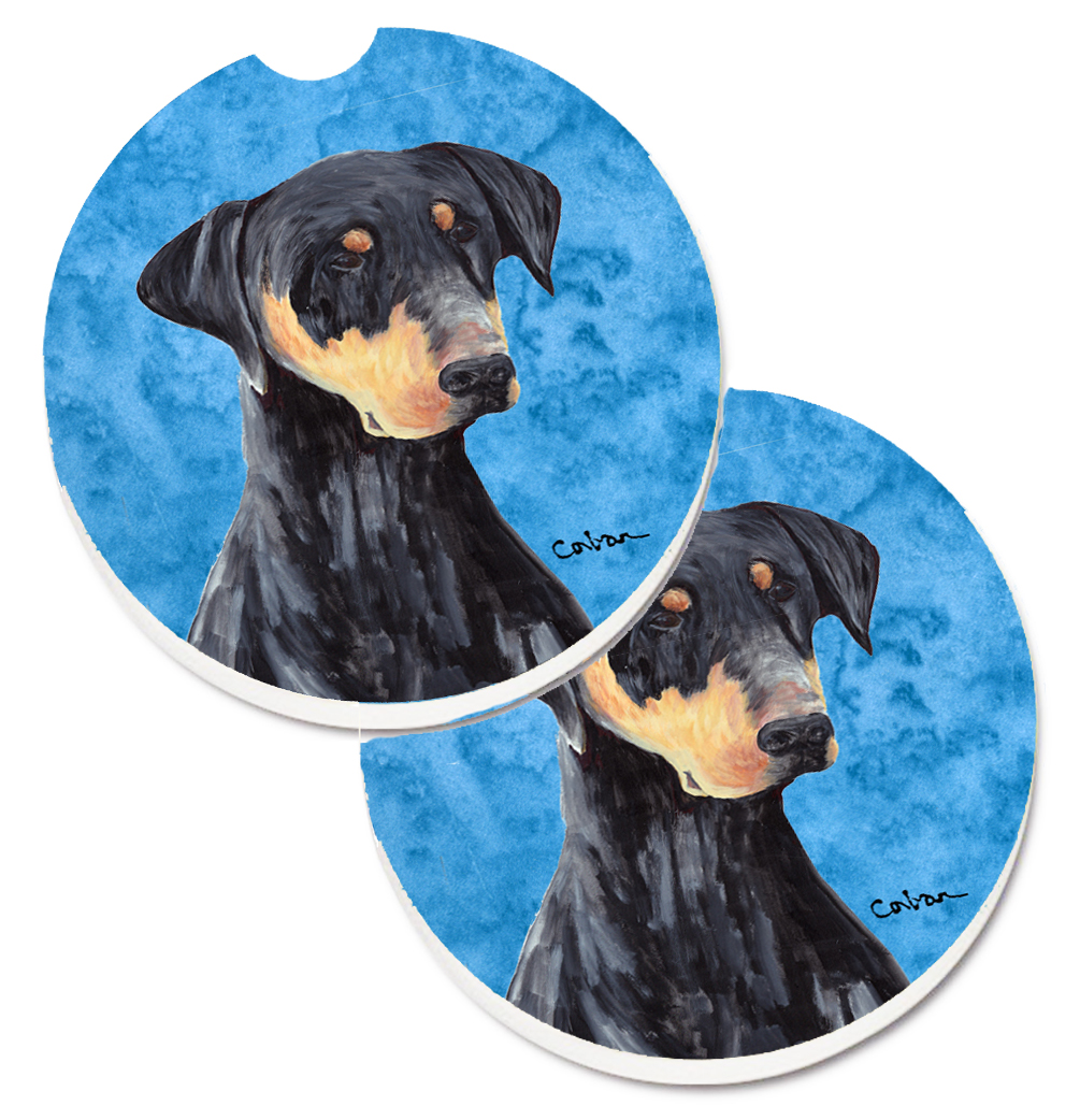 SC9126BUCARC Blue Doberman Set of 2 Cup Holder Car Coaster